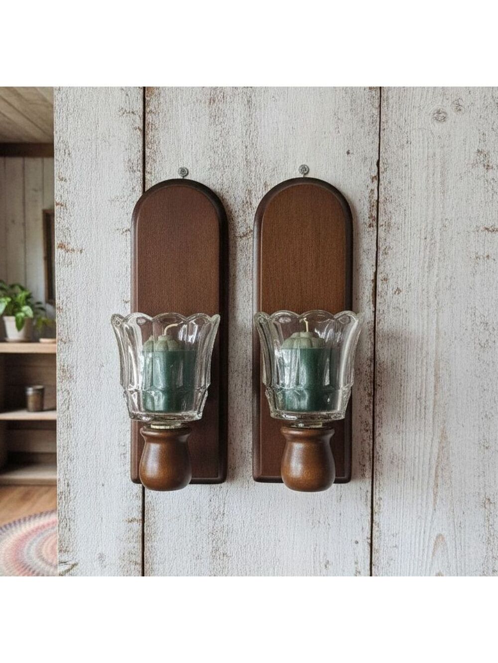 Vintage Set of 2 Wooden/Glass Hanging Wall Sconces w Glass Votive Holders 3"x 9"